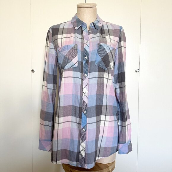 Only Blue Behavior Pastel Plaid Shirt Womens Size 36 Button Down Long Sleeve - Picture 1 of 6